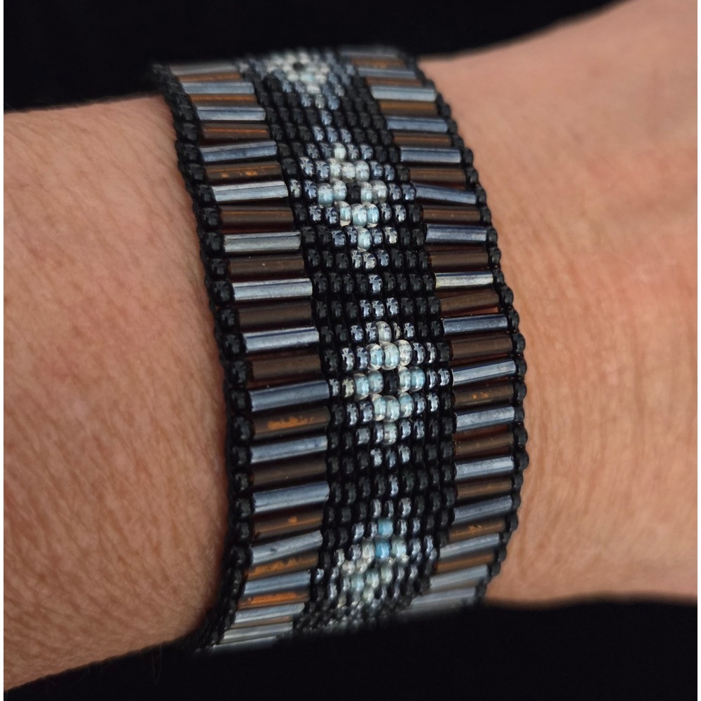 Handmade Beaded Glass Cuff Bracelet Geometric Diamond Bronze Black Gray 7.5"